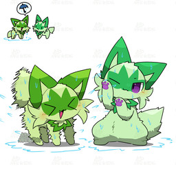 ambiguous_feral ambiguous_gender blush cheek_tuft cute_fangs duo eyes_closed facial_tuft fangs feral fur green_body green_fur green_tail kemono one_eye_closed open_mouth open_smile pawpads paws pink_pawpads purple_eyes purple_pawpads shaking shaking_off_water short_tail simple_background smile speech_bubble standing tail teeth tuft umbrella water wet white_background tontaro nintendo pokemon felid feline generation_9_pokemon mammal pokemon_(species) shiny_pokemon sprigatito 1:1 2026 2d_animation animated frame_by_frame loop signature watermark