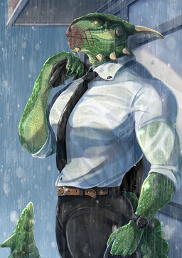abs anthro belt bodypaint bottomwear clock clothed clothed_male clothing detailed_background face_paint facial_scar green_body green_scales horn looking_away male muscular muscular_male necktie pants pecs raining scales scar shirt solo tail thick_tail topwear triceps wet wet_body wet_clothing wet_skin yellow_eyes gunka bethesda_game_studios microsoft skyrim the_elder_scrolls veezara argonian scalie 2021 hi_res