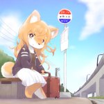 3_toes anthro barefoot bench bottomwear brown_eyes bus_stop clothed clothing feet female fur hair jacket kemono orange_body orange_fur orange_hair outside overpass shirt sitting skirt sky solo suitcase toes topwear train_station white_body white_fur fallinnight canid canine fox mammal 1:1 hi_res