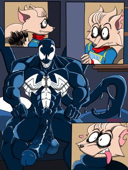 anthro balls big_balls big_penis clothed clothing duo ear_piercing erection femboy fur genitals glistening glistening_body grabbed hair heart_reaction male male/male muscular muscular_male nude penis piercing sharp_teeth simple_background slime smile soundwave_sweater tail teeth tentacles banksauce marvel tape_(banksauce) venom_(marvel) alien human humanoid mammal procyonid raccoon symbiote hi_res