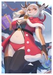 anthro antlers bell blush breasts christmas_clothing clothed clothing female fingers fur gift hair holidays horn kemono red_eyes smile solo lcshian christmas deer mammal new_world_deer reindeer digital_media_(artwork) hi_res shaded