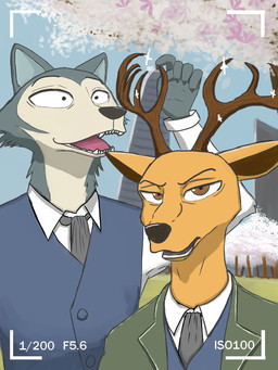 anthro antlers black_nose brown_body brown_eyes brown_fur building camera_view cheek_tuft clothed clothing duo facial_tuft fangs fur horn necktie open_mouth open_smile outside plant sharp_teeth shirt sky smile sparkles teeth topwear tree tuft aureldrawsstuff beastars legoshi_(beastars) louis_(beastars) canid canine canis cervine deer mammal red_deer wolf 2020 3:4 hi_res