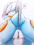 2023 3:4 absurd_res all_fours amphibian anus ass_up black_eyes blue_body blue_face blue_head blue_skin blush blush_lines bodily_fluids butt cheek_spikes clitoral_hood clitoris colored_pencil_(artwork) dripping eiroru facial_spikes female feral fin generation_3_pokemon genital_fluids genitals grey_fin head_fin heart_speech_bubble heart_symbol hi_res looking_at_viewer looking_back looking_back_at_viewer multicolored_body multicolored_skin nintendo on_model orange_cheeks orange_sclera pink_heart pink_pussy pokemon pokemon_(species) presenting presenting_anus presenting_hindquarters presenting_pussy pupils pussy pussy_juice_drip quadruped ridged_mouth seductive segmented_fin segmented_tail simple_background slit_nostrils smile smiling_at_viewer solo speech_bubble spikes spikes_(anatomy) swampert symbol tail tail_fin traditional_media_(artwork) two_tone_body two_tone_face two_tone_skin urethra vaginal_fluids white_background white_body white_face white_head white_pupils white_skin