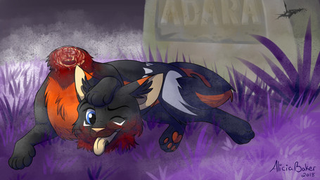 ambiguous_gender black_body black_fur blood blue_eyes bodily_fluids decapitation detachable detachable_head feral fur gore grass looking_at_viewer one_eye_closed orange_body orange_fur outside pawpads plant severed_body_part severed_head solo tombstone tongue tongue_out wink winking_at_viewer meowimator european_mythology irish_mythology mythology domestic_cat dullahan felid feline felis mammal 16:9 2018 widescreen