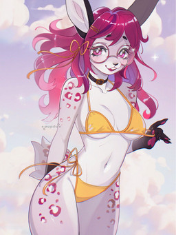 5_fingers accessory anthro bangs bikini blush breasts buckteeth claws clothing cloud collar collarbone eyelashes eyewear female fingers glasses hair hair_accessory hairclip long_hair markings medium_breasts navel open_mouth open_smile pawpads pink_eyes pink_hair pink_pawpads round_glasses sky smile solo spots spotted_markings swimwear tail teeth triangle_bikini two-piece_swimsuit wearing_glasses yellow_bikini yellow_clothing yellow_swimwear cepto_(artist) lagomorph leporid mammal rabbit 2023 3:4 colored digital_drawing_(artwork) digital_media_(artwork) hi_res shaded