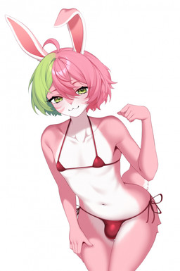 5_fingers :3 ahoge anthro bangs bikini blush blush_lines bulge clothing collarbone eyebrows eyelashes femboy fingers green_eyes hair long_eyelashes male multicolored_hair navel pink_body pink_eyebrows pink_nose pose red_bikini red_clothing red_swimwear short_hair simple_background smile solo swimwear tail two-piece_swimsuit two_tone_hair white_background white_body zefellina lagomorph leporid mammal rabbit 2026 colored digital_drawing_(artwork) digital_media_(artwork) hi_res shaded