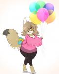 anthro bag balloon barefoot big_breasts biped black_body black_fur black_nose bottomwear breasts brown_body brown_fur brown_hair cleavage clothed clothing dipstick_tail eyewear feet female fur glasses hair holding_balloon holding_object huge_breasts inflatable markings multicolored_tail open_mouth pants shirt short_stack simple_background smile solo tail tail_markings topwear white_background white_body white_fur wide_hips yellow_eyes spazzykoneko cheyenne_(inu-dono) canid canine canis coyote mammal 2018 4:5 digital_media_(artwork) hi_res