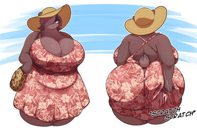 anthro big_breasts big_butt biped bodily_fluids breasts brown_body butt cleavage clothed clothing dress eyelashes eyeshadow female glistening_eyelids hair hair_over_eye half-closed_eyes har huge_breasts huge_butt long_eyelashes makeup narrowed_eyes overweight overweight_anthro overweight_female purple_eyeshadow rear_view scratching_butt solo sundress sweat sweaty_breasts thick_thighs wide_hips behniis barbara_(behniis) bear mammal hi_res