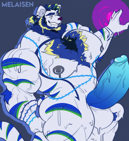anthro ball_tuft balls barazoku beard big_muscles big_pecs big_penis blonde_beard blonde_facial_hair blonde_hair blonde_highlights blue_beard blue_eyebrows blue_facial_hair blue_glans blue_hair blue_markings blue_penis blue_stripes bodily_fluids body_hair chest_hair drooling ear_piercing erection eye_scar eyebrows facial_hair facial_scar fur genitals glans gradient_penis green_hair green_highlights green_markings green_stripes grey_nipples grin hair highlights_(coloring) huge_penis humanoid_genitalia humanoid_hands humanoid_penis magic male male_anthro markings multicolored_body multicolored_tail muscular muscular_anthro muscular_male nipple_piercing nipple_ring nipples nude_anthro nude_male pecs penis piercing pink_ring ponytail purple_nose ring_piercing saliva scar slime smile solo striped_arms striped_legs striped_markings striped_tail stripes tail tail_markings teeth tuft two_tone_stripes vein veiny_penis white_balls white_body white_fur melaisen felid mammal pantherine tiger 2023 absurd_res hi_res portrait three-quarter_portrait