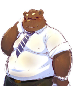 anthro blush bottomwear brown_body brown_fur clothing eyes_closed eyewear fur glasses kemono male necktie overweight overweight_anthro overweight_male pants shirt simple_background solo topwear white_background chiro_(artist) bear mammal 2015
