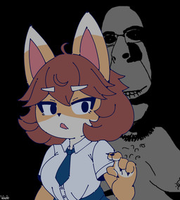 anthro brown_hair claws clothing collared_shirt dim_lighting dipstick_ears duo ear_markings eyebrows female hair markings multicolored_ears shirt topwear white_eyebrows voider_(artist) soyjak bully_fox canid canine fox mammal hi_res