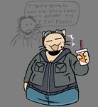 anthro beady_eyes belly big_belly black_clothing black_shirt black_topwear blush bottomwear breasts cleavage clothed clothing container cosplay cup denim denim_bottomwear denim_clothing dialogue drinking_straw eyes_closed female fully_clothed fur grey_background grey_clothing grey_jacket grey_topwear holding_container holding_cup holding_object jacket jeans markings medium_breasts mole_(marking) open_mouth overweight overweight_anthro overweight_female pants shirt simple_background solo speech_bubble standing talking_to_viewer tan_body tan_fur text topwear whiskers cassicat scott_pilgrim_(series) cassi_cat_(cassicat) ramona_flowers domestic_cat felid feline felis mammal 2023 digital_media_(artwork) english_text trans_(lore) trans_woman_(lore)