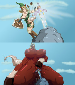 alternate_species anthro before_and_after belt big_breasts blonde_hair bodily_fluids breasts clothing cloud crossgender female genital_fluids growth hair hooves huge_breasts human_to_anthro improvised_sex_toy low-angle_view master_sword melee_weapon muscular muscular_female nude outside penetration pussy_sounding rock shield solo species_transformation sword torn_clothing transformation urethral urethral_penetration vaginal vaginal_fluids vaginal_penetration weapon weapon_penetration mankor nintendo the_legend_of_zelda epona_(tloz) link equid equine horse humanoid hylian mammal 2019 hi_res
