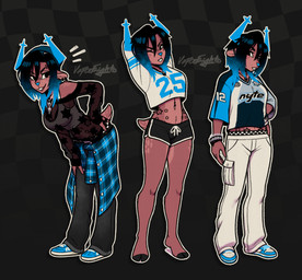 anthro antlers black_hair blue_antlers blue_nose bottomwear brown_body brown_fur buckteeth clothing clothing_around_waist cloven_hooves crop_top dolphin_shorts ear_piercing ear_ring eyebrow_piercing facial_piercing fan_designs female footwear fur hair hooved_plantigrade hooved_toes hooves horn hotpants midriff multiple_outfits navel navel_piercing pants pattern_clothing piercing plaid plaid_clothing plantigrade ring_piercing shirt shirt_around_waist shoes shorts sneakers solo sports_jersey teeth tied_shirt topwear translucent translucent_clothing vaporeight deltarune undertale_(series) dess_holiday deer mammal new_world_deer reindeer hi_res