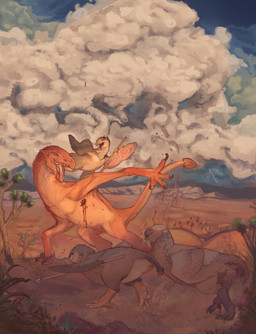 ambiguous_gender anthro blood bodily_fluids feral fight fighting_pose gore group hunting joshua_tree mesa_(landscape) pose semi-anthro stab_wound aniriteron mythology wyrwel nimbus arvinian avian dragon fueyike(arvinian) mythological_creature mythological_scalie prehistoric_species proto_dragon_(wyrwel) pterosaur reptile scalie absurd_res hi_res huge_filesize