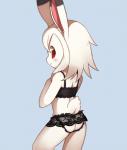 anthro backless_panties blush bra butt clothing female female_jockstrap fur hair jockstrap kemono looking_at_viewer looking_back panties red_eyes simple_background smile solo standing translucent translucent_clothing underwear white_body white_fur white_hair young young_anthro unrealplace wusagi_(unrealplace) lagomorph leporid mammal rabbit