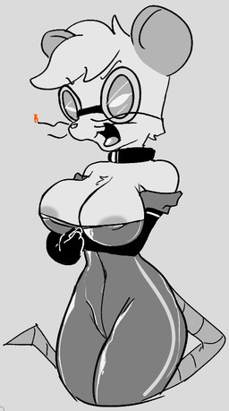 anthro burning_fur clothing eyewear female goggles hair jumpsuit nipple_slip open_zipper short_hair solo tail undressing vermin_fight_club eratikate mammal murid murine rat rodent vermin_(species) monochrome