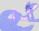 anthro anus balls blue_body blue_fur blush butt fur genitals lying male pink_body pink_fur presenting presenting_anus presenting_hindquarters raised_tail simple_background solo tail soft_bugg keta canid canine fox mammal 5:4 hi_res