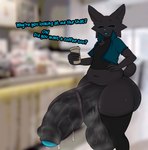 anthro balls beverage big_balls big_butt big_penis bodily_fluids butt coffee genital_fluids genitals huge_balls huge_butt huge_penis hyper hyper_balls hyper_genitalia hyper_penis male musk penis precum solo sweat thick_thighs woemutt halley_(woemutt) felid feline mammal hi_res