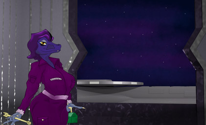 3d_background anthro belt big_breasts big_butt blue_body breasts butt claws clothing elderly eyelashes eyeshadow female glistening glistening_belt gloves hair handwear huge_breasts inside jumpsuit looking_at_viewer makeup mature_anthro mature_female name_tag non-mammal_breasts purple_hair sharp_teeth solo space spacecraft teeth thick_thighs toolbox vehicle wide_hips window yellow_eyes heelipmo alien dinosaur prehistoric_species reptile scalie 3d_(artwork) absurd_res colored digital_drawing_(artwork) digital_media_(artwork) hi_res mixed_media shaded