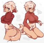 5_fingers anthro blue_eyes breasts clothed clothed_anthro clothed_female clothing countershade_torso countershading female fingers fur hair kneeling looking_aside looking_at_viewer navel panties pantsless pantsless_anthro pantsless_female pawpads paws side_view simple_background solo tail tan_body tan_fur tan_hair tongue tongue_out topwear underwear coffeechicken vao_(coffeechicken) canid canine canis domestic_dog mammal 2024 digital_media_(artwork)