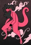 anthro black_hair female flat_chested freckled_hips freckled_legs freckled_shoulders freckled_tail freckled_thighs freckles green_eyes hair long_hair long_tail nude pink_body smoke solo tail tongue tongue_out yellow_sclera nerdyreindeer scalie hi_res