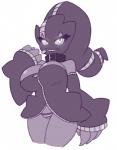 anthro big_breasts breasts cleavage clothed clothing collar eyelashes female glowing glowing_eyes grin panties pokemorph short_stack smile solo underwear zipper thundragon nintendo pokemon fan_character penny_(plantpenetrator) generation_6_pokemon mega_banette mega_evolution pokemon_(species) 2017 hi_res monochrome