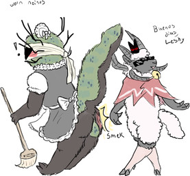 ambiguous_gender anthro balls bandage bell bell_collar black_body black_fur blue_spots blush broom brown_body brown_fur butt_slap cape cleaning_tool clothing collar dialogue duo eyewear fur genitals green_body green_fur maid_headdress maid_uniform male shutter_shades silly slap spots sunglasses surprised text uniform white_body white_fur white_wool wool_(fur) welcometaco cult_of_the_lamb massive_monster_(studio) lamb_(cult_of_the_lamb) leshy_(cult_of_the_lamb) red_crown_(cult_of_the_lamb) bagworm bovid caprine domestic_sheep jacob_sheep mammal sheep english_text hi_res meme spanish_text