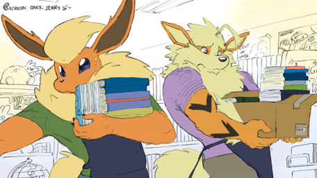 anthro apron bodily_fluids book bookshelf box cardboard cardboard_box ceiling_lamp clothed clothing container duo fully_clothed fur furniture gesture globe hand_gesture holding_box holding_container holding_object inside lamp male mane ok_sign orange_body orange_fur patreon_username poster shirt store stressed striped_body striped_fur stripes sweat t-shirt tail topwear dahecksajerry kirby_(series) nintendo pokemon rubik's_cube blep_(dahecksajerry) booster_(dahecksajerry) kirby samson_(dahecksajerry) arcanine eeveelution flareon generation_1_pokemon pokemon_(species)