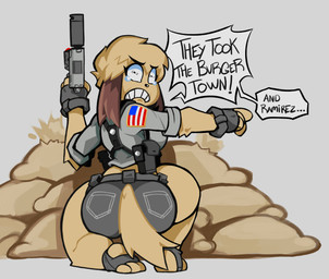 anthro big_butt bodily_fluids bottomwear breasts butt clothing female fingerless_gloves footwear fur gesture gloves gun hand_gesture handwear kneeling military_uniform pointing ranged_weapon sandals sandbags shoes shorts solo speech_bubble tail tan_body tan_fur tears thick_thighs uniform weapon boxx_wrench molly_(boxx_wrench) canid canine canis domestic_dog mammal hi_res