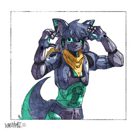 :3 anthro cybernetic_arm cybernetic_limb cybernetics grey_body kerchief machine male solo tail translucent translucent_body yellow_kerchief kakuyamii alpha_(dantetheproot) cyborg humanoid robot robot_humanoid hi_res signature