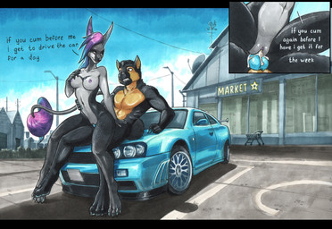 4_toes 5_fingers animal_genitalia anthro anthro_on_anthro anthro_penetrated anthro_penetrating bodily_fluids breasts canine_genitalia car cum cum_inside detailed_background duo feet female fingers fur genital_fluids genitals hair hand_on_breast knot knotted_penis male male/female multicolored_body multicolored_fur multicolored_hair nipples on_bottom on_top outside penetration penis public public_sex reverse_cowgirl_position sex sex_on_car sex_on_vehicle text toes vehicle vulva ewgengster nissan nissan_gt-r nissan_skyline martin_(qckslvrslash) naomi_(dragonhenge) acrador canid canine canis domestic_dog jackal mammal 2020 english_text marker_(artwork) traditional_media_(artwork)