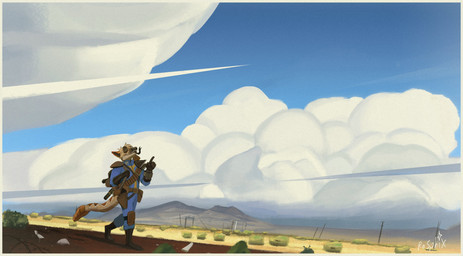 anthro boots clothed clothing cloud desert detailed_background footwear forked_tongue gloves handwear male outside rattle_(anatomy) shoes solo tongue rosphix fallout microsoft night_stalker_(fallout) 2023 absurd_res hi_res wallpaper