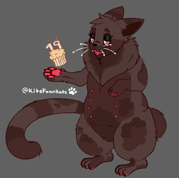 biped bipedal_feral birthday brown_body brown_fur cupcake female female_feral feral food fur genitals grey_background multi_nipple nipples semi-anthro simple_background solo vulva kits4kats domestic_cat felid feline felis mammal 2025 full-length_portrait portrait