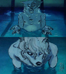anthro black_sclera blue_light duo hair heart_eyes heart_symbol keloid_scar looking_at_viewer male male/male pawpads stitch_(sewing) swimming_pool text white_body white_hair white_sclera kirou i'll_teach_you_everything_(chainsaw_man) kirou_(kirou) viktor_(deafcake) canid canine canis domestic_dog fox mammal absurd_res english_text hi_res