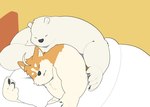 anthro bed bedding black_nose blanket brown_body duo furniture kemono male overweight overweight_male pillow slightly_chubby white_body haoming bear canid canine canis domestic_dog mammal polar_bear ursine 2023 hi_res