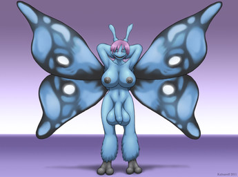 antennae_(anatomy) anthro balls big_balls big_breasts biped black_eyes blue_body blue_fur blue_sclera breasts flaccid foreskin fur genitals gynomorph hair humanoid_genitalia humanoid_penis insect_wings intersex looking_at_viewer navel nipples non-mammal_breasts nude penis purple_hair solo text wings kalnareff mothy arthropod insect lepidopteran moth 2011 english_text
