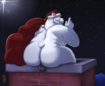 anthro backsack balls beard belly big_butt butt chimney christmas_clothing christmas_headwear clothing facial_hair fur genitals hat hat_only headgear headgear_only headwear headwear_only holidays humanoid_hands male mostly_nude night outside overweight overweight_anthro overweight_male santa_hat sitting solo white_body white_fur kronexfire christmas santa_claus bear mammal polar_bear ursine 2021