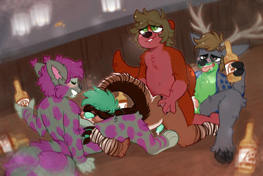 antlers bite biting_lip bodily_fluids breath brown_body brown_fur detailed_background drunk ear_tuft eyes_closed fur genital_fluids grey_body grey_fur group hair horn looking_pleasured male male/male male_penetrated male_penetrating male_penetrating_male markings penetration precum purple_body purple_fur red_body red_fur sex spots spotted_body spotted_fur striped_body striped_fur stripes substance_intoxication tail tongue tongue_out tuft crownedvictory sauksauk deer felid feline lynx mammal mustelid otter 2021 hi_res