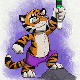 anthro black_markings black_stripes bottomwear cheek_tuft chest_tuft chibi closed_smile clothed clothing eyewear facial_tuft fur glasses head_tuft holding_object holding_pen male male_anthro markings mouth_closed navel orange_body orange_fur pen purple_bottomwear purple_clothing purple_shorts rock round_glasses shorts simple_background smile solo standing striped_arms striped_legs striped_markings striped_tail stripes tail tail_markings topless tuft white_body white_fur hufnaar hufnaar_(character) felid mammal pantherine tiger 1:1 2018 dated