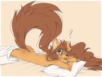 5_fingers anthro arm_tattoo bed_covers bedding border bridge_piercing brown_eyes brown_hair brown_tail butt cheek_piercing ear_piercing ear_ring facial_piercing female fingers flesh_tunnel fur gauged_ear hair inner_ear_fluff leg_tattoo long_hair long_tail looking_at_viewer lying lying_on_pillow nose_piercing nude on_front on_pillow one_ear_up piercing pillow raised_tail ring_piercing simple_background solo tail tan_body tan_fur tattoo thigh_tattoo tuft white_border tinygaypirate apogee_(tinygaypirate) canid canine canis domestic_dog mammal spitz 2024 absurd_res hi_res