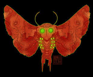 ambiguous_gender antennae_(anatomy) black_background compound_eyes feral green_eyes insect_legs insect_wings lepidopteran_wings minimalist moth_antennae red_body simple_background solo wings makkuromurasaki mothman scorched_mothman_(fallout) arthropod cryptid insect lepidopteran moth scorched_(fallout) english_description hi_res signature