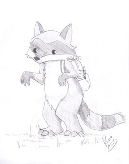ambiguous_gender anthro backpack cheek_tuft chest_tuft facial_markings facial_tuft glistening glistening_eyes gloves_(marking) grass head_markings logo markings mask_(marking) nude plant semi-anthro simple_background solo standing striped_markings striped_tail stripes tail tail_markings tuft pandapaco art_(pandapaco) mammal procyonid raccoon artist_logo monochrome signature