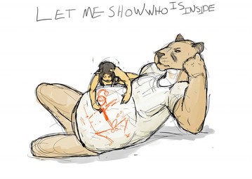 anthro belly big_belly bodily_fluids brown_hair cum drawing_on_belly drawing_on_body duo frown frustrated fur genital_fluids genitals hair humor lying male male/male male_pred on_side penis simple_background size_difference tan_body tan_fur text unimpressed vore white_background white_body white_fur jeri_kleinlowe cougar domestic_cat felid feline felis mammal 2012 colored english_text guide_lines handwritten_text