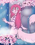 anthro bathing blush butt cherry_blossom embarrassed female flower fur hair long_hair nude pink_body pink_fur pink_hair plant prunus_(flower) purple_eyes shy solo stripes waterfall aardpuff vtuber puffin_(aardpuff) aardwolf hyena mammal absurd_res hi_res