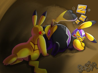 ambiguous_gender anus big_butt black_body black_fur brown_body brown_fur buckteeth butt butt_sniffing clothing cosplay_pikachu_(costume) dipstick_ears dipstick_tail duo ear_markings eyes_closed female feral fur genitals markings multicolored_ears obese overweight raised_tail red_cheeks sleeping smile sniffing sound_effects tail tail_markings teeth vowelless vowelless_sound_effect vulva yellow_body yellow_fur zzz soomir nintendo pokemon pikachu_libre generation_1_pokemon pikachu pokemon_(species) hi_res signature
