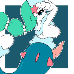 anthro areola blue_eyes blue_hair border breasts erection eyelashes genitals gynomorph hair intersex long_hair looking_at_viewer looking_back nipples penis simple_background solo split_form star starfish_(accessory) tapering_penis white_border kloudmutt nintendo pokemon aquatic asterozoan echinoderm generation_7_pokemon mammal merfolk pinniped pokemon_(species) primarina starfish 1:1 2016 hi_res