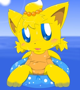 3_toes accessory anthro blonde_hair blue_eyes blush bottomwear clothed clothing feet hair hair_accessory hair_tie inflatable inner_tube one-piece_swimsuit open_mouth orange_bottomwear orange_clothing orange_topwear outside pigtails pool_toy school_swimsuit sitting solo spread_legs spreading sun swimwear toes tongue tongue_out topknot topwear water yellow_body tatwuyan 2013 digital_media_(artwork) full-length_portrait portrait