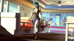 anthro blue_hair boots bottomwear breasts chest_tattoo cleavage clothed clothing denim denim_bottomwear denim_clothing denim_shorts detailed_background diner eyelashes female fingers fluffy fluffy_tail footwear fur grey_body grey_fur hair inside long_tail multicolored_body multicolored_fur orange_eyes restaurant shirt shoes shorts smile solo tail tank_top tattoo topwear two_tone_body two_tone_fur walking viper-desires alys_(viper-desires) canid canine fox mammal 16:9 2023 3d_(artwork) digital_media_(artwork) hi_res source_filmmaker_(artwork) widescreen