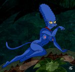 all_fours anthro blue_body blue_fur blue_hair breasts fangs female fur hair jewelry necklace nipples nude pupils slit_pupils smile solo teeth whiskers unclescooter the_simpsons treehouse_of_horror cat_marge marge_simpson felid mammal pantherine 2020 hi_res